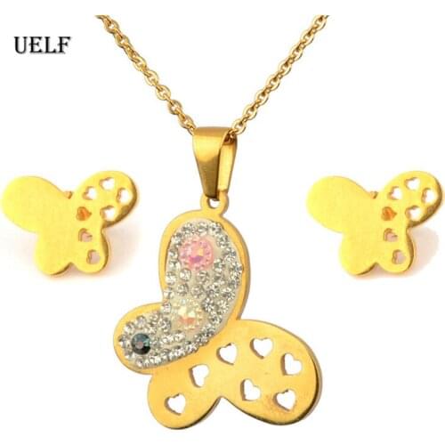 UELF Natural Stone Butterfly Jewelry Sets For Women Gold-color Chain ChampagneCrystal Pendant Necklace Earrings bijoux femme