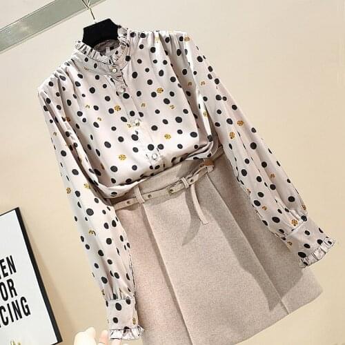 Fall 2021 New Fashion Temperament Retro Blouse Womens Thin Wooden Ears Stand Collar Long-sleeved Polka-dot Shirt DK1399