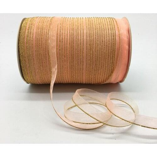 10yds/lot 3/8" 10mm Light pink Glitter Golden Rimmed Organza Ribbon Bow Hair Wedding Decoration Lace Crafts