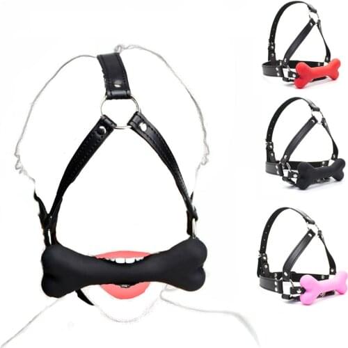 Bdsm Bondage Silicone Bite Open Mouth Gag,Leather Straps Dog Bone Harness Gag Sex Slave Fixation Mouth Plug Oral Erotic Sex Toys