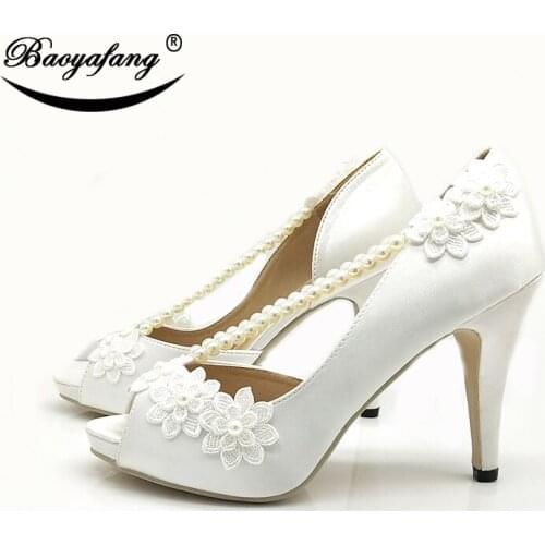 BaoYaFang Beading White Lace shoes Bride High heels Open toe Wedding Crystal Pumps fashion shoes Woman dress shoe Open Toe