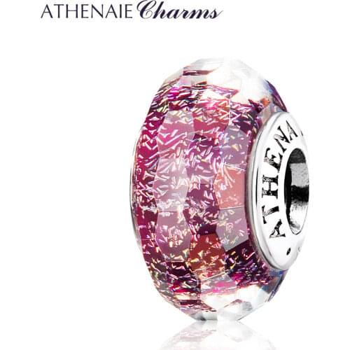 ATHENAIE Genuine 925 Silver Charms Core Dark Purple Shimmer Faceted Murano Glass Bead Fit All European DIY Women Bracelets