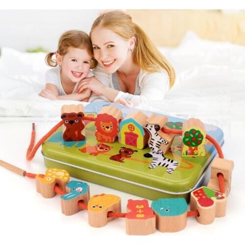 Wooden Toy Baby DIY Toy Cartoon Fruit Animal Threading Threading Wood Bead Toy Child Early Learning Set