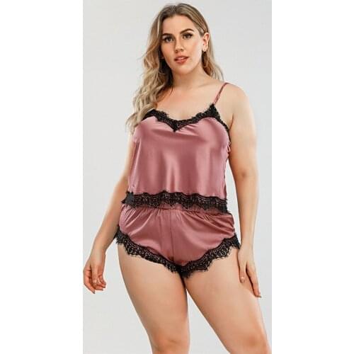 DOIB Women Sexy Pajamas Set Solid Lace Patchwork Plus Size Spaghetti Strap Sleepwear 2 Pieces Suit Homewear Nightwear