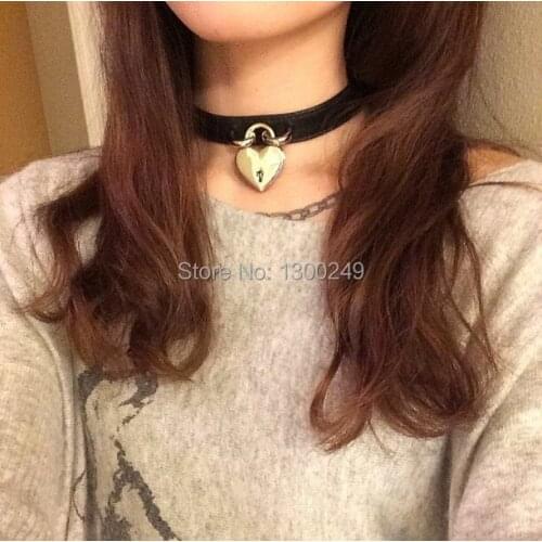 Harajuku NEW Hot Dark Sweet heart lock Rivet Genuie leather 100% handmade punk Necklace choker belt torques free shipping