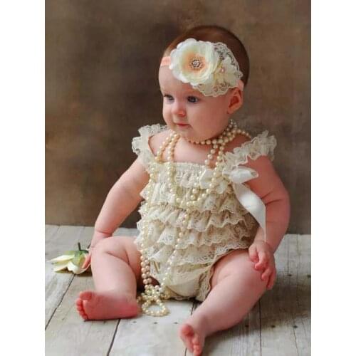Hot Retail Baby Ivory Lace Romper Infant Toddler Petti Ruffled Strap Rompers One-Piece with Flower Headband Set Newborn Jumpsuit