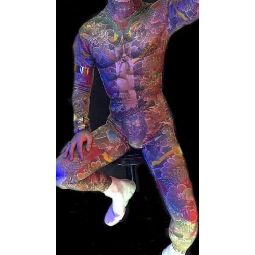 Muscular mans jumpsuit Nightclub bar Men sexy bodysuit concert singer stage dance wear dancer costume