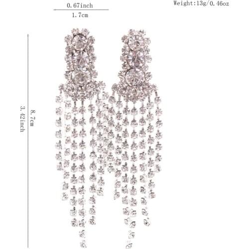 New Design Bridal Silver Plated Rhinestone 3 round Chandelier Shape Long Tassel Clip on Earrings Without Piercing for Women