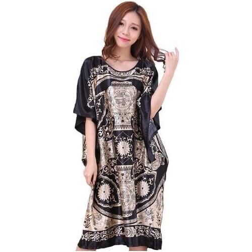 Richkeda Store New 2021 Novelty Print Black Female Satin Robe Dress Nightgown Novelty Womens Kaftan Bath Gown Summer Lounge
