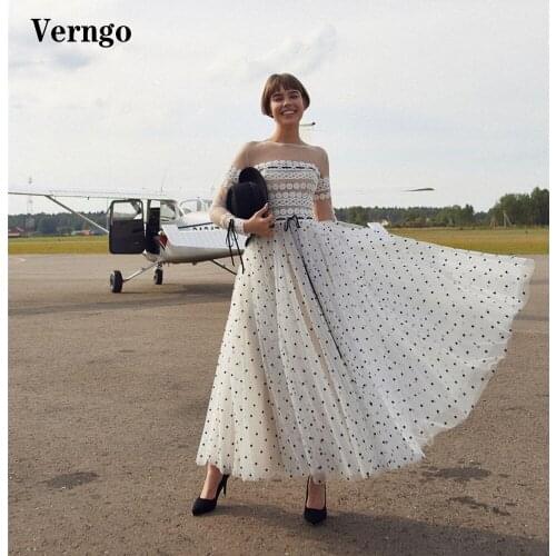Verngo Modest White And Black Dotted Tulle Evening Dress Long Sleeves Boat Neck Lace Ankle Length Prom Dress Graduation Gown