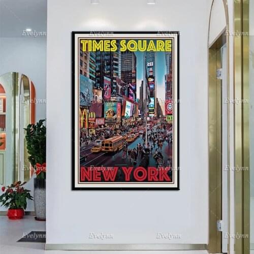 Retro Vintage Style Travel Poster Times Square New York Oil Painting Posters and Print on Canvas Hd Wall Art Pictures Home Decor