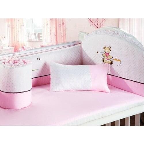 Discount! 6pcs embroidered cot crib bedding set ,infant nursery set,baby bedding set bumper,include(4bumper+sheet+pillow)