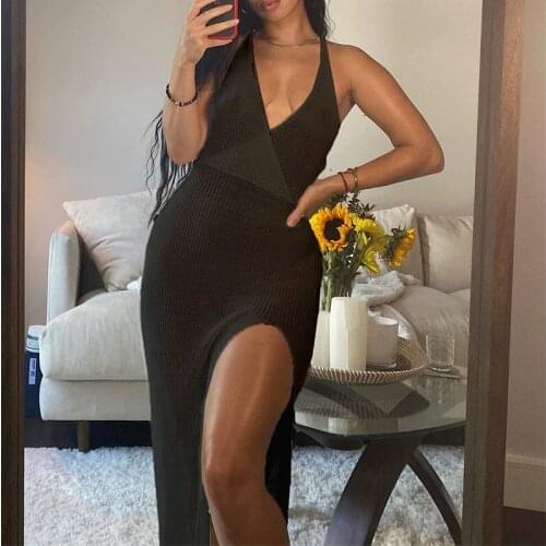 Knitted Backless Women Sexy Party Dress Spaghetti Strap Hook Line Hollow Out V-Neck High Waist Split Ladies Vestidos 2021 Summer