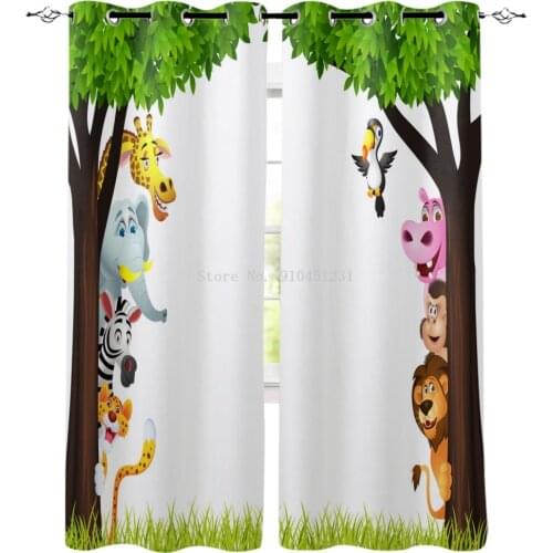 Jungle Forest Cartoon Animal Lion Elephant Giraffe Zebra Tiger Bird Monkey Curtains for Children Bedroom Living Room Kid Curtain