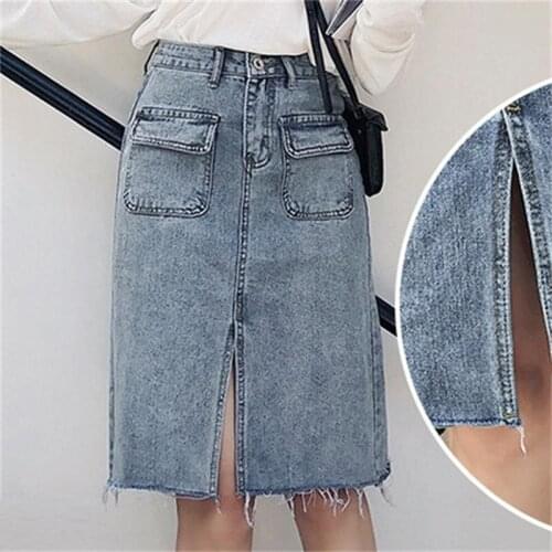 Free Shipping 2020 New Womens Spring / Summer Mid-Long Denim Skirt Raw Edge Split Denim Skirt