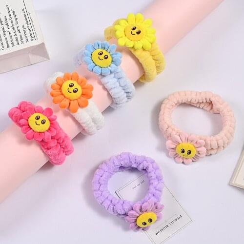 Cute Cartoon Sunflower Smiling Face Sun Flower Headband Makeup Wash Hair Ring Coral Velvet Women Headband