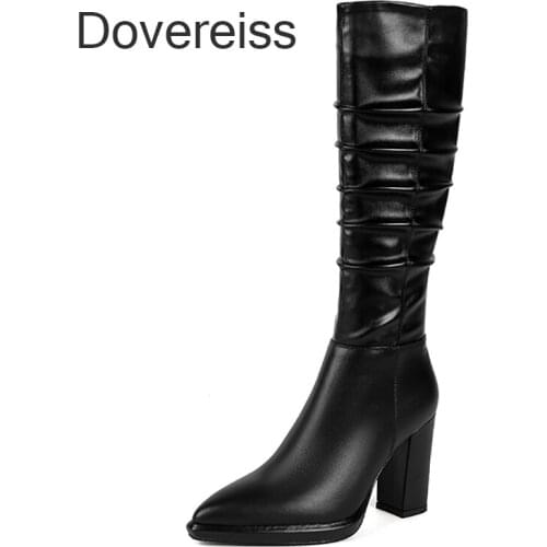 Dovereiss Fashion Womens Shoes Winter Pointed Toe Block Heels New Genuine Leather Concise Knee High Boots Sexy Zipper 40