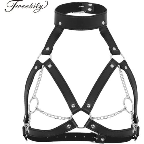 Womens PU Leather Bra Body Chest Harness Cage Bralette Strap adjustable buckles O-Rings Metal Chain Tassel Chest Belt Garter