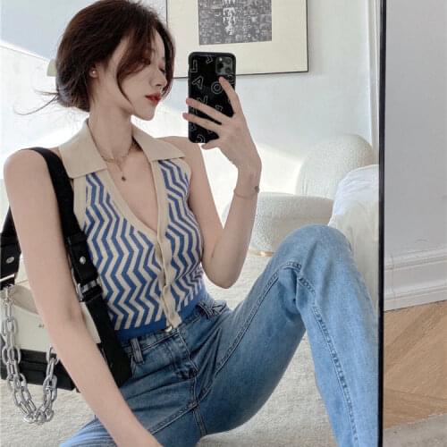Women Corset Tops 2021 Summer Polo Collar Halterneck Vest Womens Knitted Striped Short Top Tank Camis Crop Top For Women
