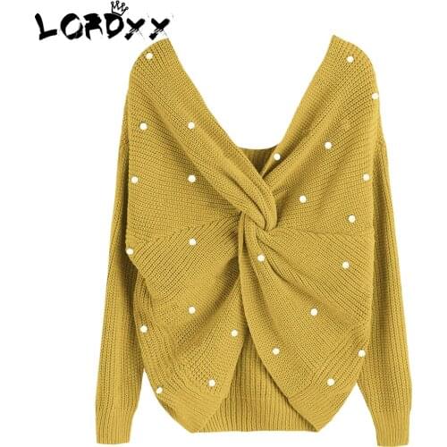 LORDXX Twisted Back Sweater Women Jumpers Pullovers V Neck Backless Long sleeve sweater with beads oversized yellow sweater