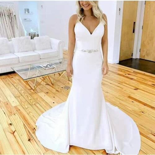 Elegant Long V-Neck Mermaid Satin Wedding Dresses with Belt Custom Ivory Pleated Floor Length Zipper Back Bridal Gowns for Women
