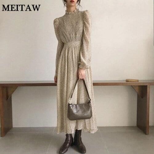 Autumn Women Ruched Long Dress 2020 Casual Stand Collar A-Line Dress Vintage Ruffle Floral Print Party Dresses Vestidos