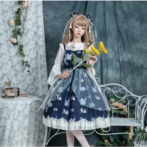 The Night of Magician Original Design Womens Sweet Girl Lolita Dress Princess JSK Sleeveless Dress & White Flare Sleeve Shirt