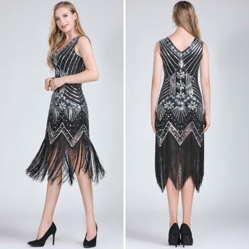 Women 1920s Vintage Great Gatsby Dress Double V-Neck Sleeveless Beaded Sequin Tassel Dress Art Deco Flapper Dress for Party
