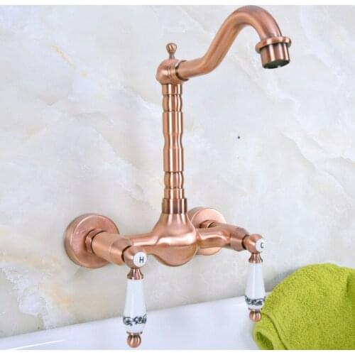 Antique Red Copper Swivel Spout Wall Mounted Basin Faucet Double Ceramics Handles Bathroom Mixer Tap Hot Cold Sink Faucet Lnf951