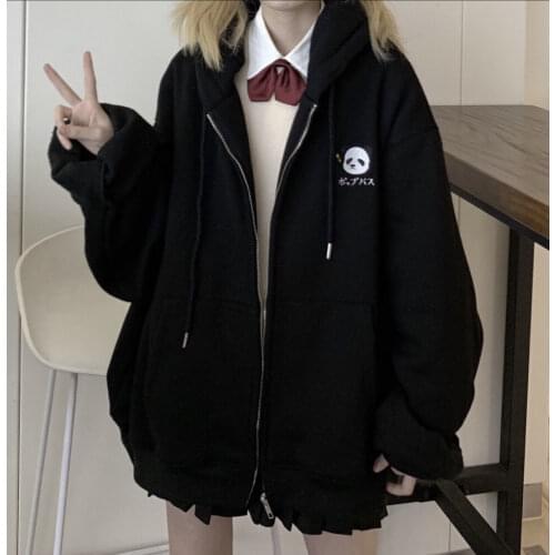 Black zipper hoodie women winter cute bear embroidery gothic casual loose cardigan streetwear Harajuku Oversize outerwear