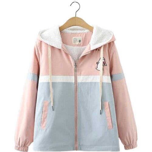 Fleece Zipper Hooded Jacket For Women 2020 Winter Long Sleeve Cartoon Embroidery Pocket Casual Sweet Ladies Basic Outwears Tops