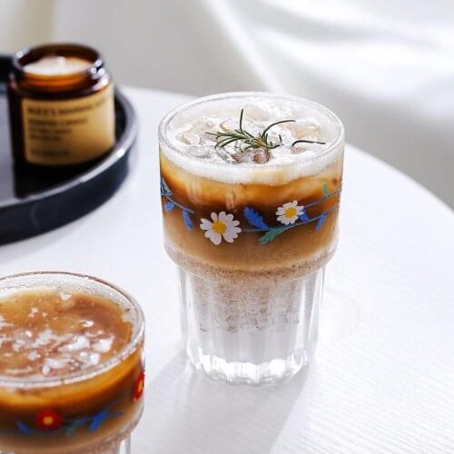 Korean Style With flower printed Ice Coffee Cup Korean Style Milk Tea Glass Cola Juice Cup