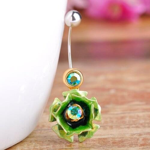 Green Blue Pink Gold Epoxy Enamel Rose Flowers Sex Body Jewelry Piercings Navel Ring Belly Button Rings Percing Pircings Free
