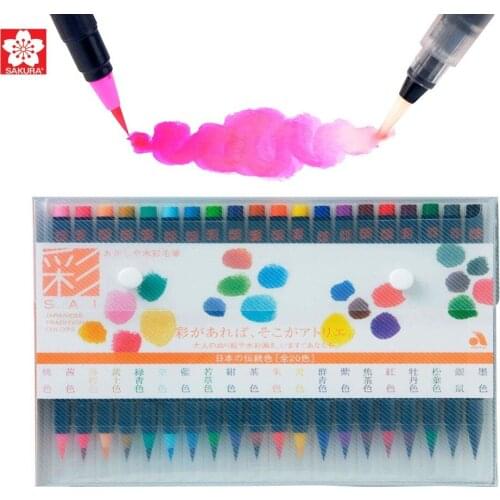 Sakura Watercolor Brush Markers Pen 20 colors For Coloring Books,Water Based Drawing Calligraphy lettering,Soft Flexible Tip