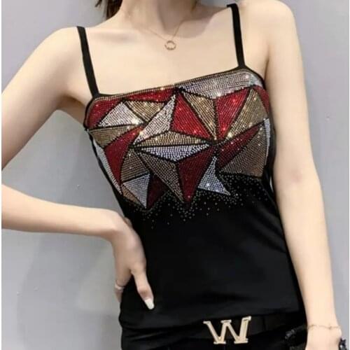 Diamonds Tanks And Camis Summer Clothing Vests For Women Geometric Print Trend Black Korean Fashion Slim Rhinestone Plus Size