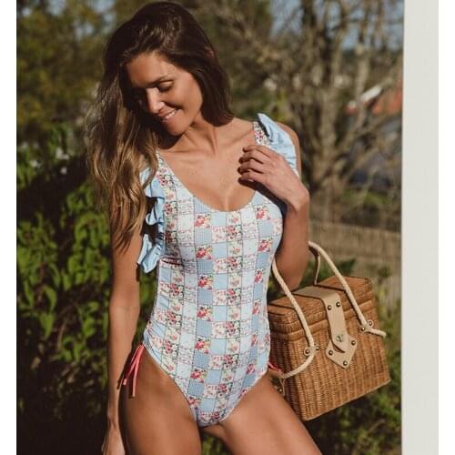 MYTENG Sexy Bodysuit Ruffle One Piece Swimsuit Push Up Swimwear Women Backless Bathing Suit Beachwear Vintage Print Monokini