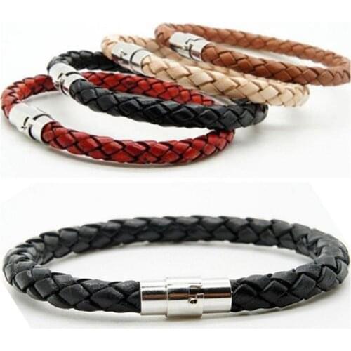 New Classic Style Men Leather Bracelet Simple Black Stainless Steel Button Neutral Accessories Hand-woven Jewelry Gifts