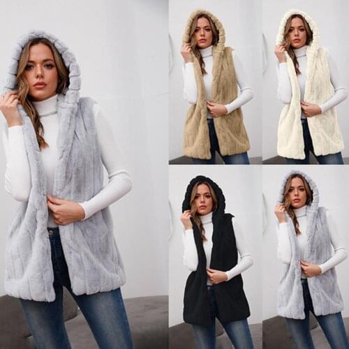 Autumn Winter Faux Fur Vest Coat Women Hooded Fluffy Vest Cold Resistant Thick Imitation Fur Hooded Vest Overcoat Women Outwear
