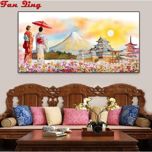 Full Square Round Diamond Painting Japanese kimono woman Mount Fuji scenery 5D DIY Diamond Embroidery Cross stitch Home Decor
