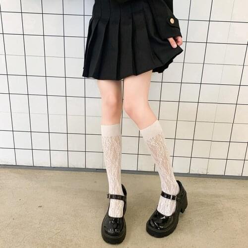 Lolita Hollow Stockings Women Jk Thin Mesh Long Socks Female High Knee Socks Leg White Black Stocking Dress Calcetine
