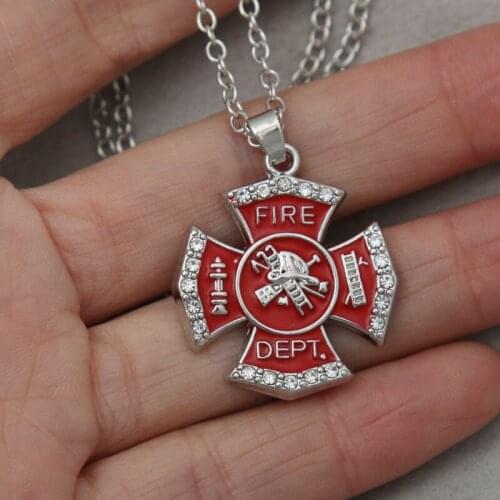 RAINXTAR Fashion Alloy Red Enamel Fire Dept Pendant Necklace For Firefighter Kids Necklaces FN067