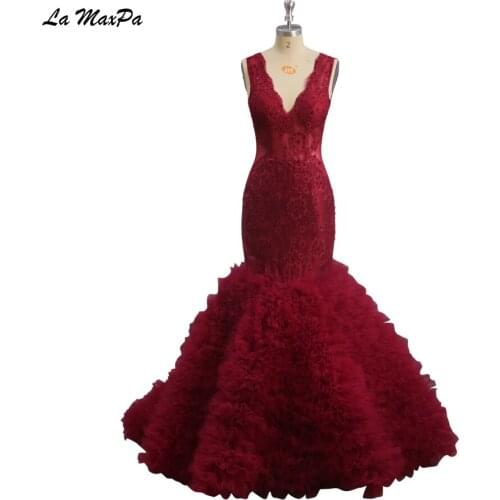 Luxury Ruffled Skirt Dark Red Backless Mermaid Prom Dress CMT80