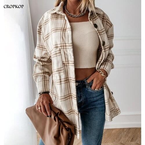 Autumn Spring Long Plaid Shirt Women Casual White Long Sleeve Pocket Button Up Collared Shirt Top Clothes Fashion New 2021 Fall