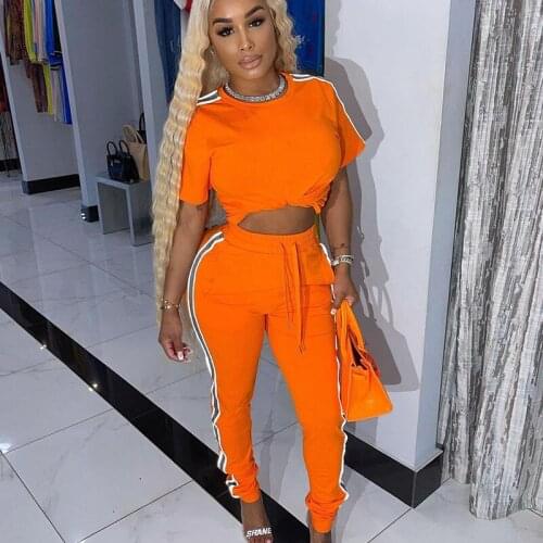 Side Striped 2 Piece Set Tracksuit Women Summer Jogging Suits Short Sleeve Top and Pants Matching Sets Ensemble Jogging Femme