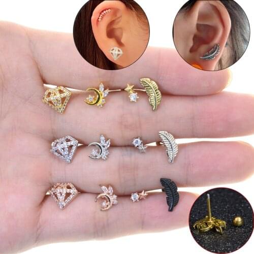 1Pc Zircon Rose Gold Color Curved Cz Cartilage Stud Helix Rook Conch Screw Back Earring 20g Stainless Steel Ear Piercing Jewelry
