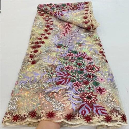 SJ Lace Beaded Sequined Lace Fabric French Nigerian Lace Fabrics 2021 High Quality Lace African Lace Fabric For Wedding r2-74