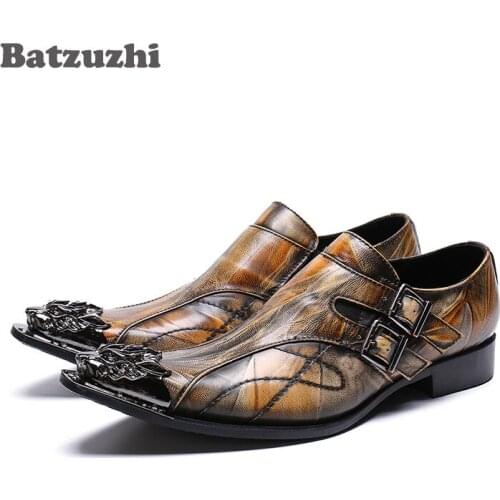 Batzuzhi Handmade Men Shoes Poiinted Metal Toe Western Business Dress Shoes Chaussures Hommes Party and Wedding Shoes Men, 12,46