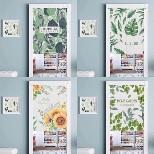 Green Plant Leaves Cotton Linen Bedroom Door Curtain Geomantic Half Panel Curtain Shower Blackout Curtain Home Decoration