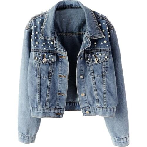 Women Denim Jacket Pearls Beading Denim Jacket Women 2018 Spring Slim Cotton Light Washed Long Sleeve Jeans Jacket Coats