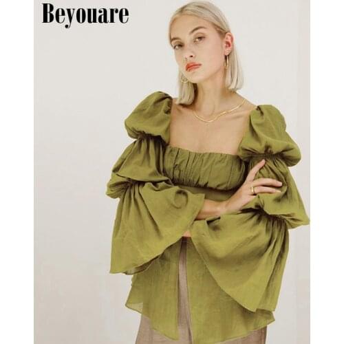 Beyouare Flare Sleeve Vintage Womens Shirt Fashion Folds Square Collar Split Tops Autumn Lady Elegant Beach Style Streetwear
